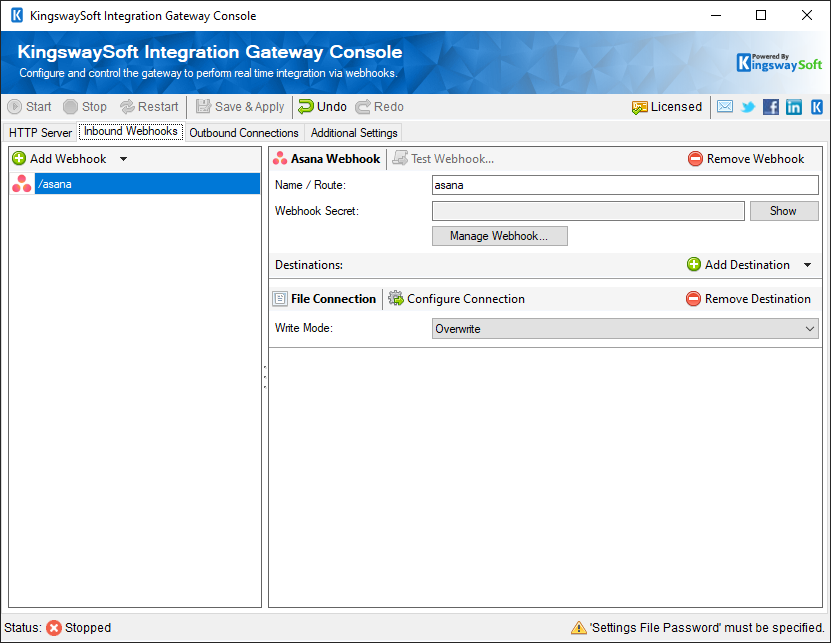 KingswaySoft Integration Gateway Console - Inbound Webhooks - Asana